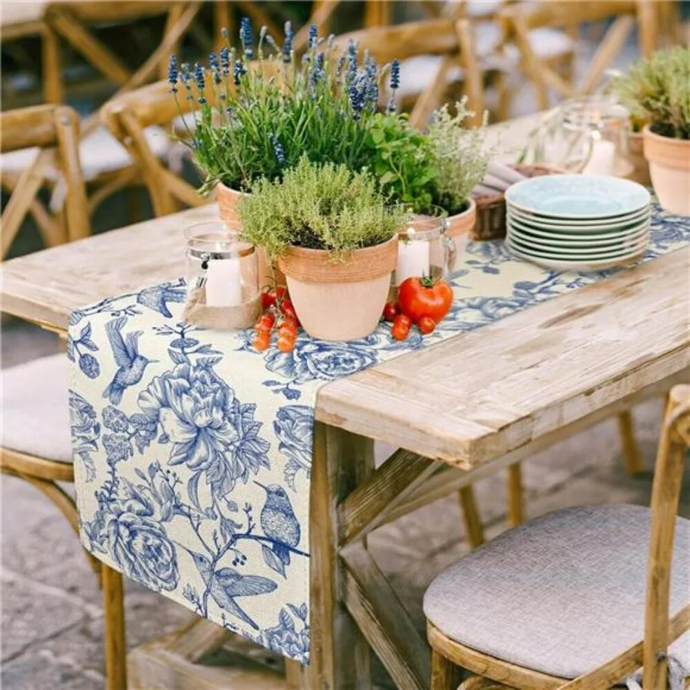 Blue floral table runner 13x72 vintage chinoiserie birds flowers dining table de